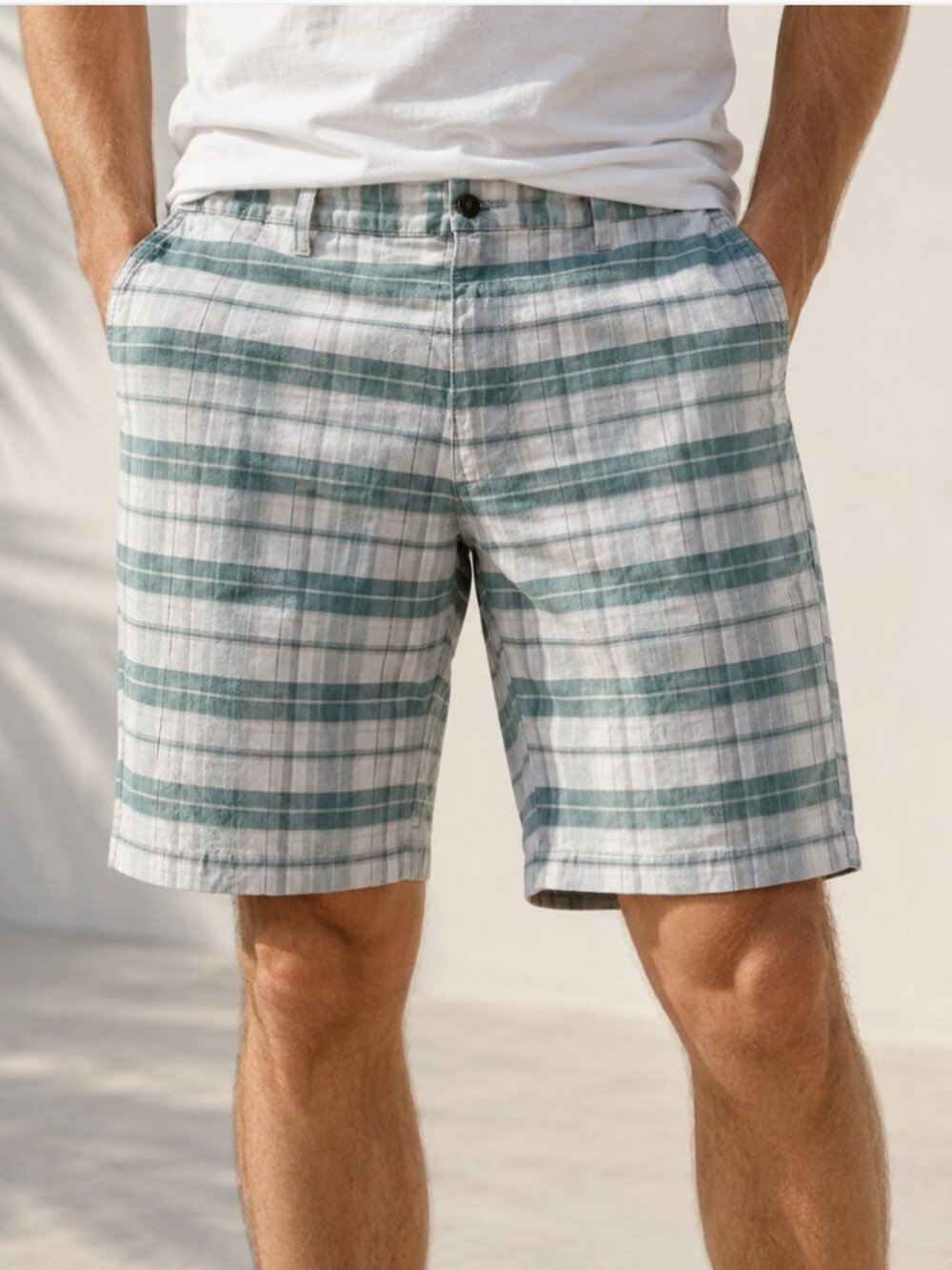 Dockers Flat Front Cream Beige and Teal Plaid Bermuda Golf Skate Shorts Size 38